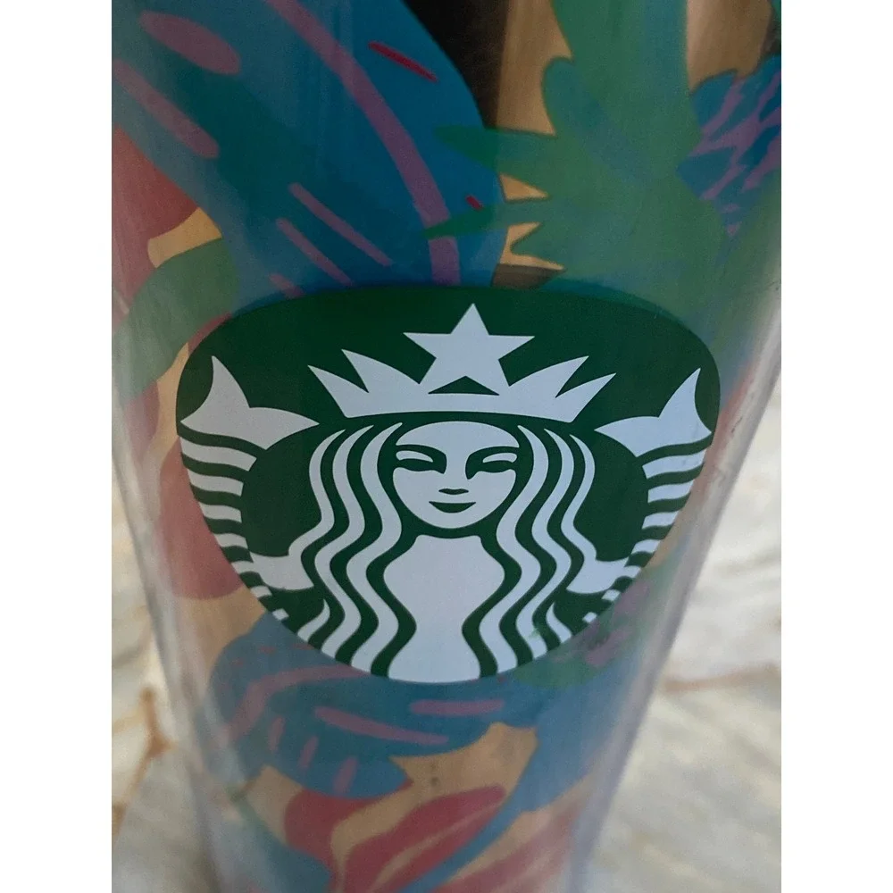 Starbucks 24oz Tropical Floral Gold Metallic Cold Cup Tumbler 011132611 Teal Lid